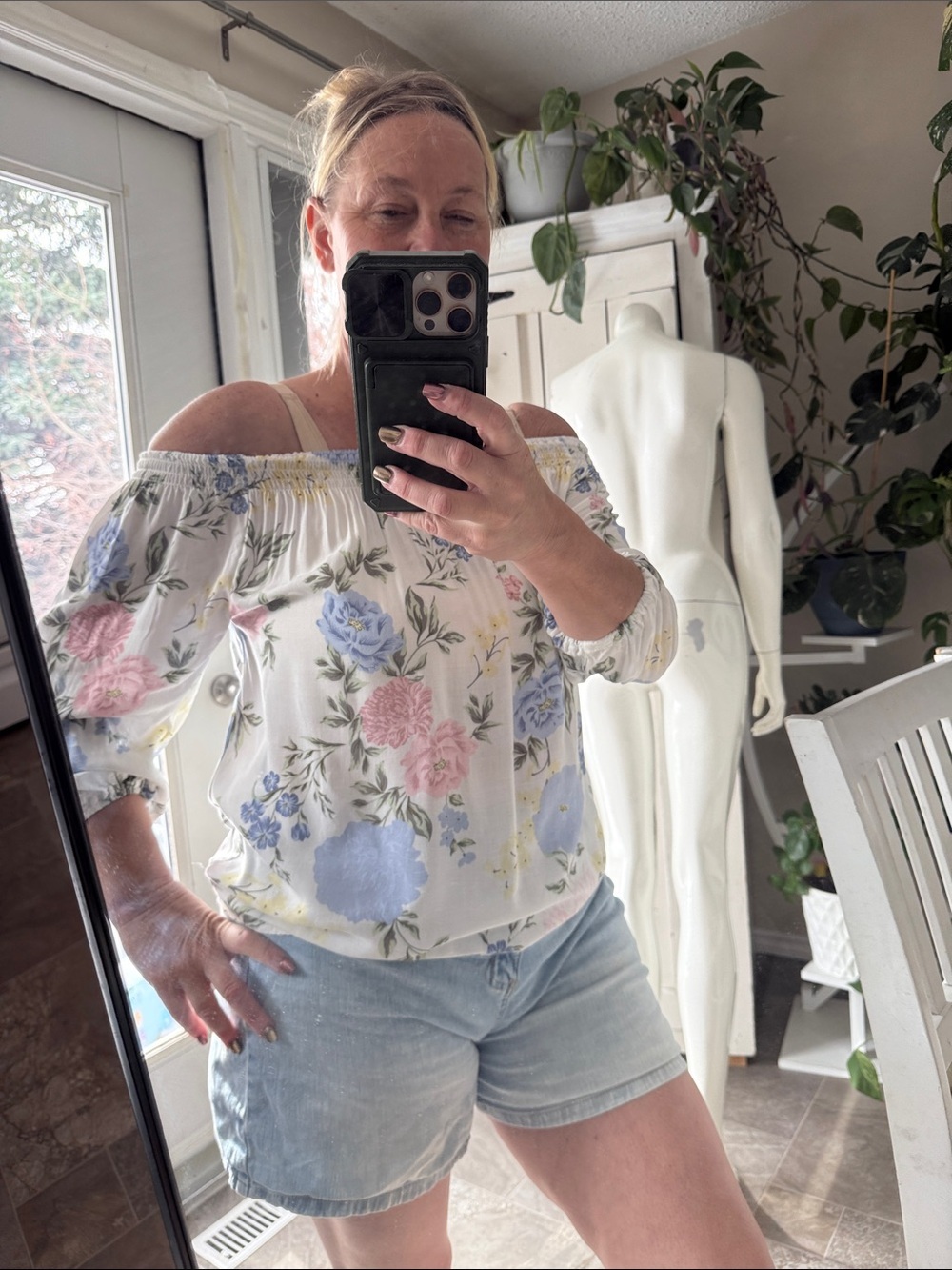 Suzy Shier Floral Off-Shoulder Peasant Top — White with Pastel Florals NWOT